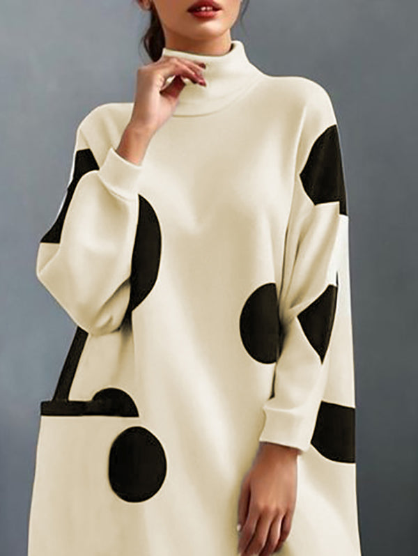 Pockets Polka-Dot Long Sleeves Loose Mock Neck Midi Dresses