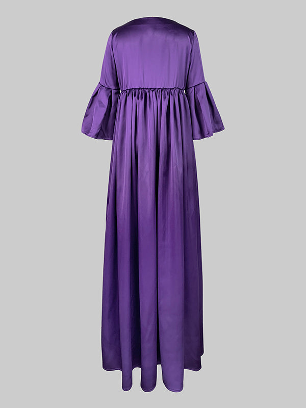 Pleated Solid Color Split-Joint Flared Sleeves Loose Round-Neck Maxi Dresses