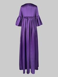 Pleated Solid Color Split-Joint Flared Sleeves Loose Round-Neck Maxi Dresses