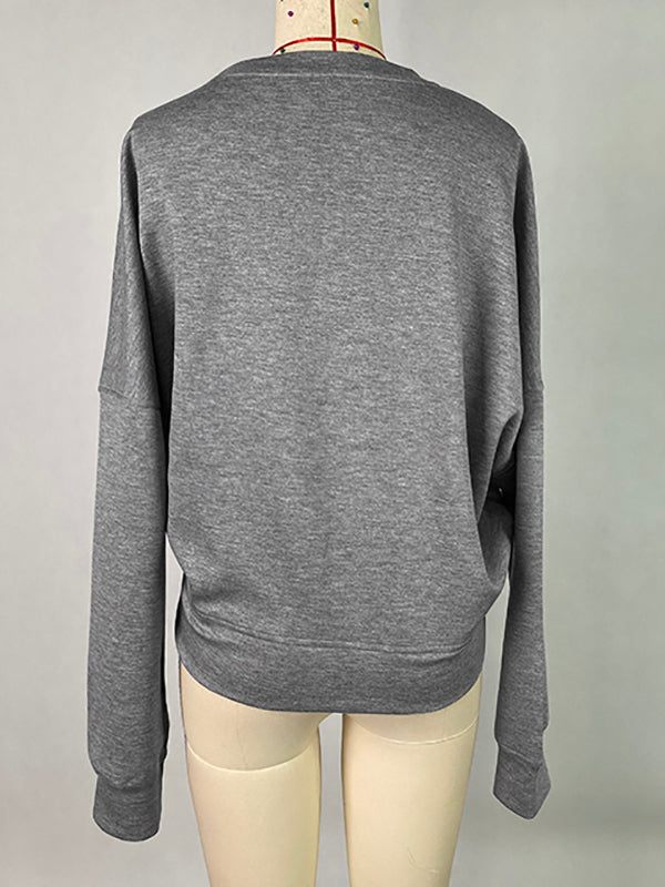 Belt Buckle Solid Color Long Sleeves Loose Round-Neck Sweatshirt Tops