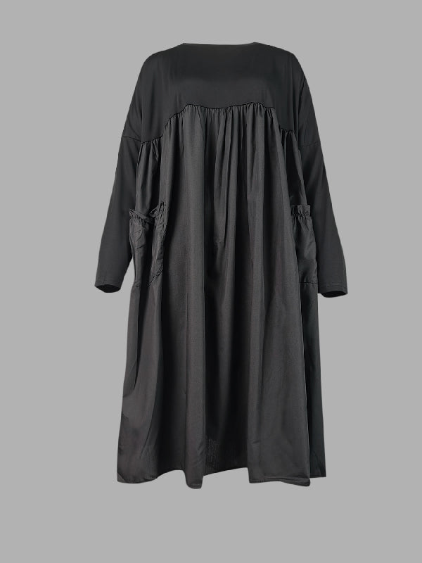 Simple Loose Black Split-Joint Long Sleeves Midi Dress