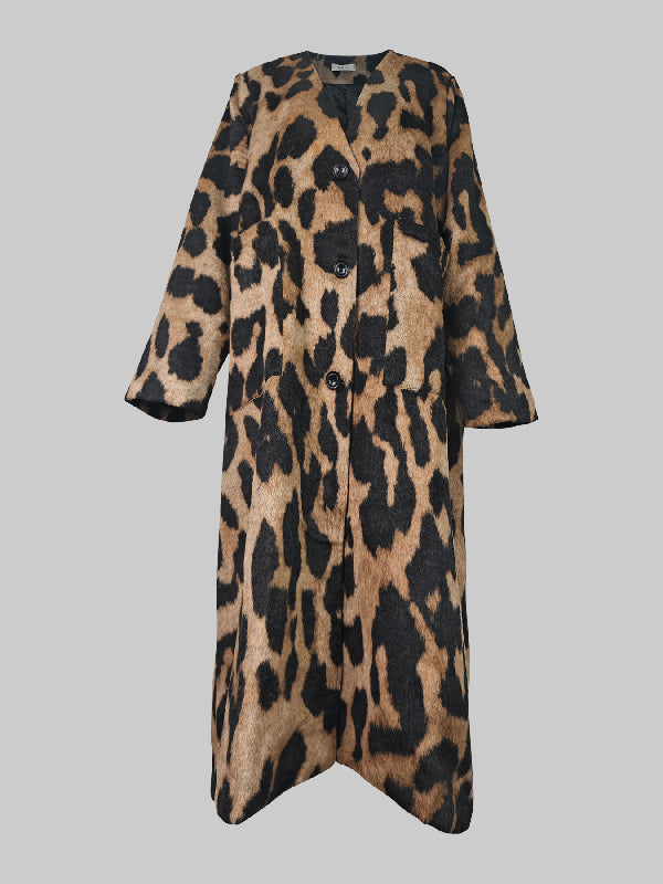 Buttoned Leopard Pockets Split-Joint Long Sleeves Loose V-Neck Trench Coats Outerwear