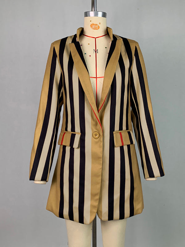 Buttoned Split-Joint Striped Long Sleeves Loose Stand Collar Woolen Coat