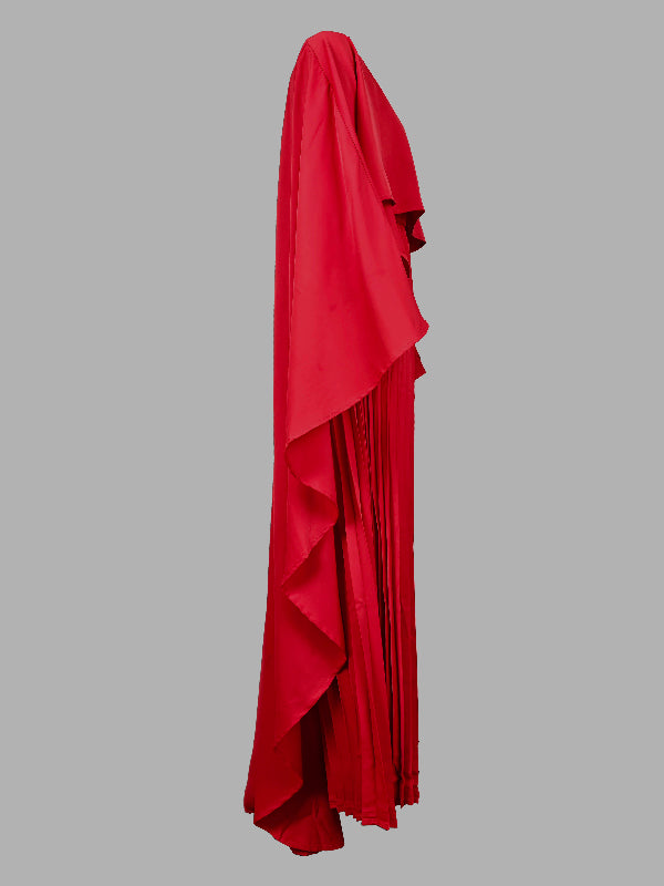 Pleated Solid Color Split-Joint Cape High-Low Round-Neck Maxi Dresses Evening Dresses