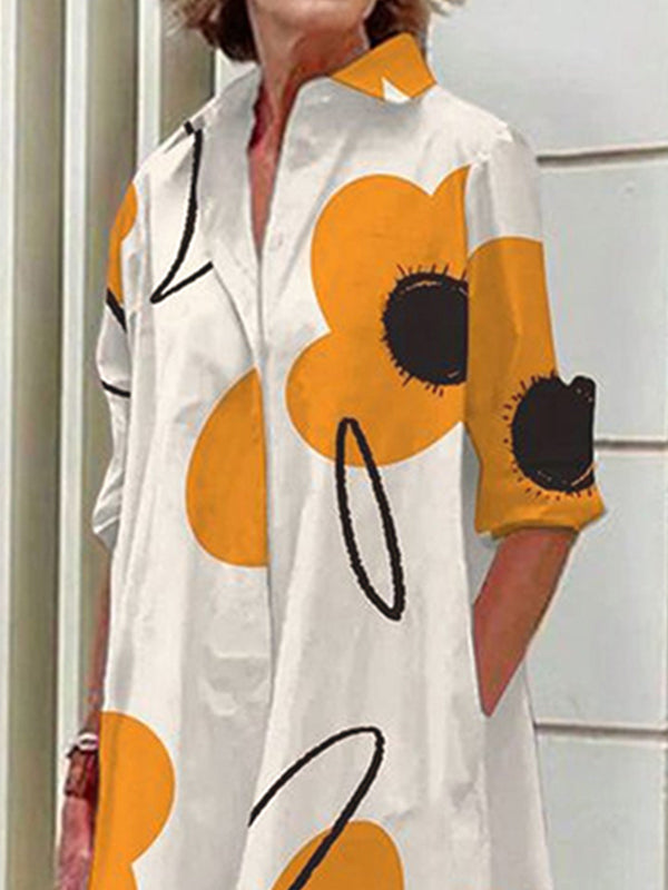 Flower Print Split-Joint Long Sleeves Loose Lapel Shirt Dress Midi Dresses