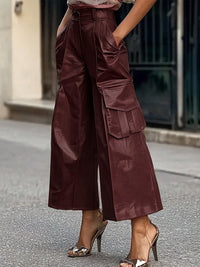 Pleated Pockets Solid Color Split-Joint Loose Wide Leg Trousers Pants