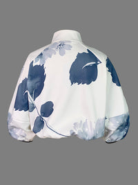 Floral Printed Loose Puff Sleeves Stand Collar Outerwear Jackets