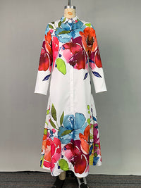 Buttoned Flower Print Long Sleeves Loose Lapel Shirt Dress Maxi Dresses