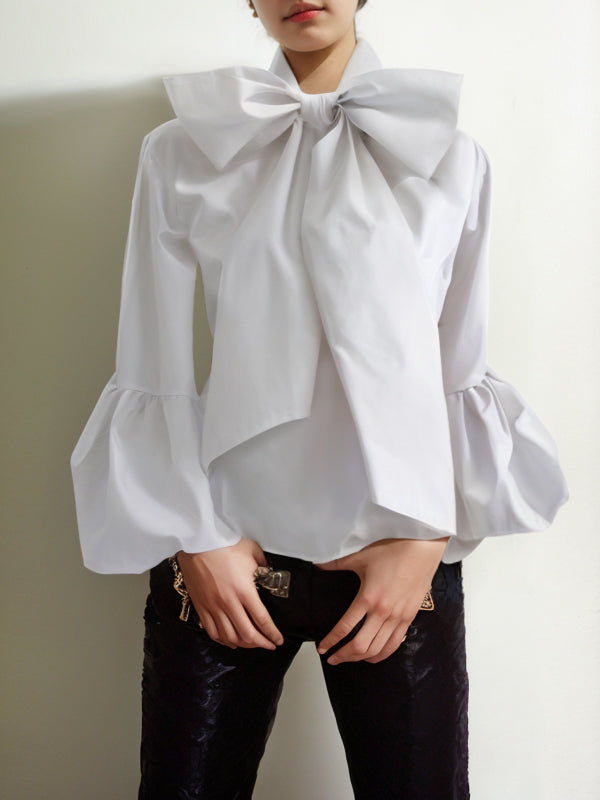 Bowknot Solid Color Split-Joint Loose Puff Sleeves Stand Collar Blouses&Shirts Tops