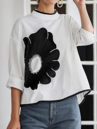 Flower Print A-Line High-Low Mock Neck T-Shirts Tops