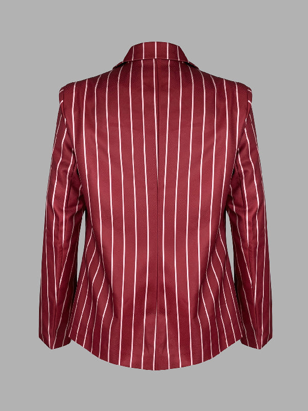 Striped Long Sleeves Loose Notched Collar Outerwear Blazer