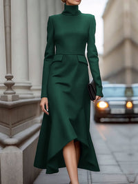 Solid Color Long Sleeves Skinny High Neck Midi Dresses