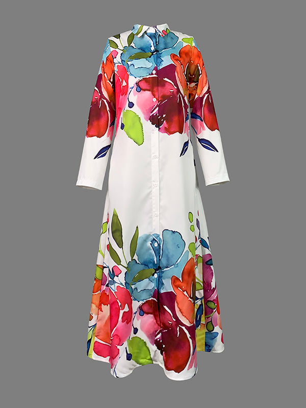 Buttoned Flower Print Long Sleeves Loose Lapel Shirt Dress Maxi Dresses