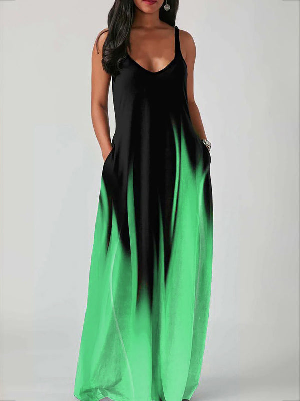 Loose Sleeveless Contrast Color Gradient Spaghetti-Neck Maxi Dresses