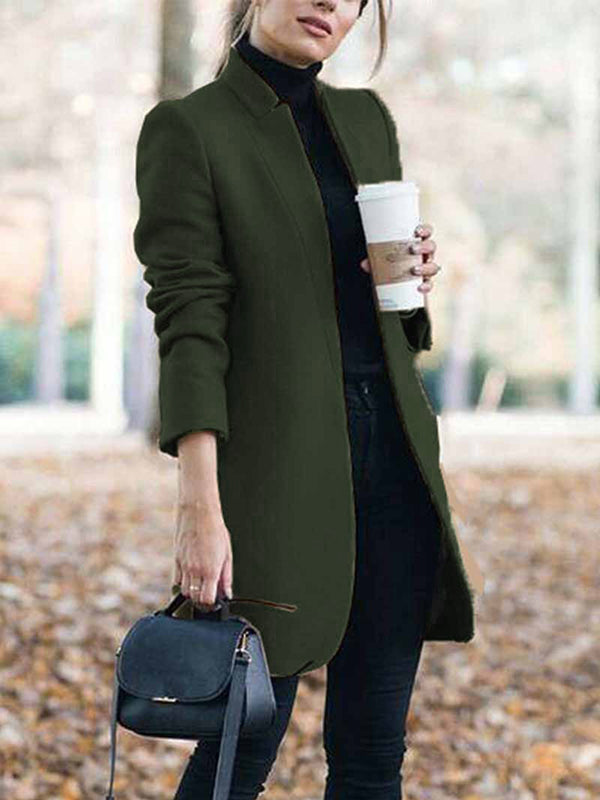 Solid Color Split-Joint Long Sleeves Stand Collar Woolen Coat Outerwear