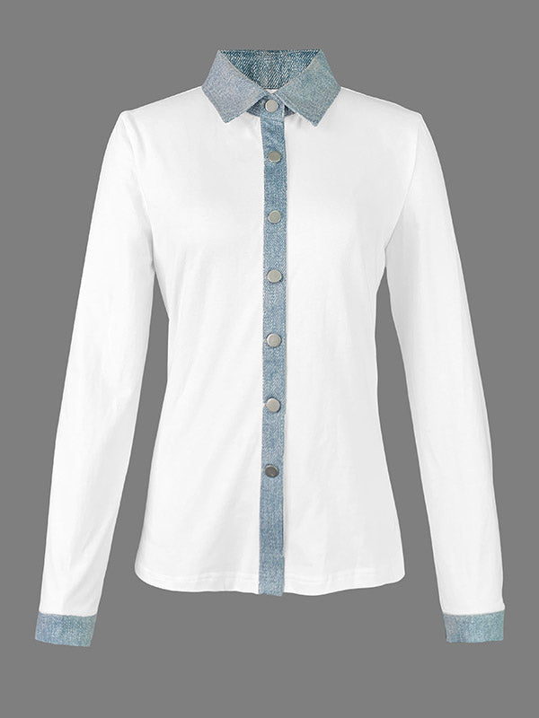 Buttoned Split-Joint Long Sleeves Skinny Lapel Blouses&Shirts Tops