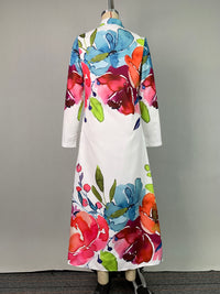 Buttoned Flower Print Long Sleeves Loose Lapel Shirt Dress Maxi Dresses