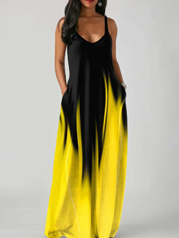 Loose Sleeveless Contrast Color Gradient Spaghetti-Neck Maxi Dresses