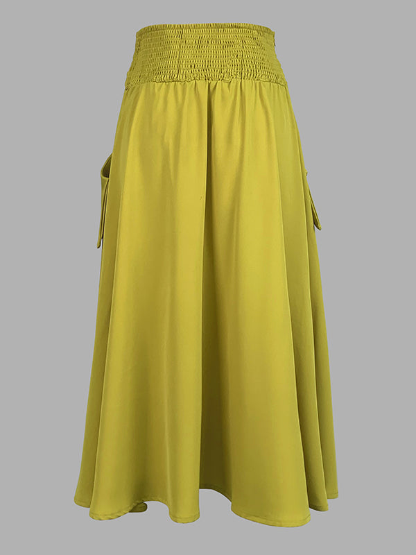 Pockets Solid Color Split-Joint Tied Waist A-Line Loose Skirts Bottoms