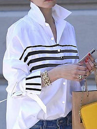 Buttoned Contrast Color Split-Joint Striped Flared Sleeves Long Sleeves Stand Collar Blouses&Shirts Tops