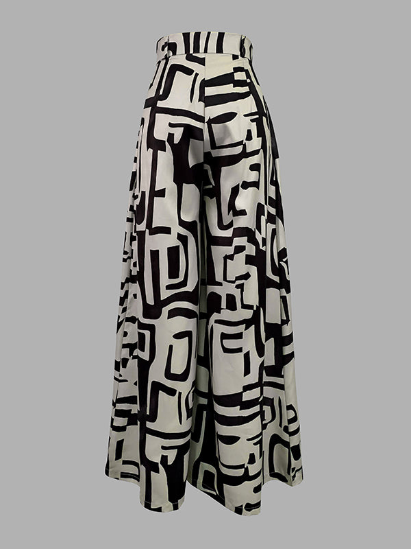 Pleated Printed Split-Joint High Waisted Loose Trousers Pants