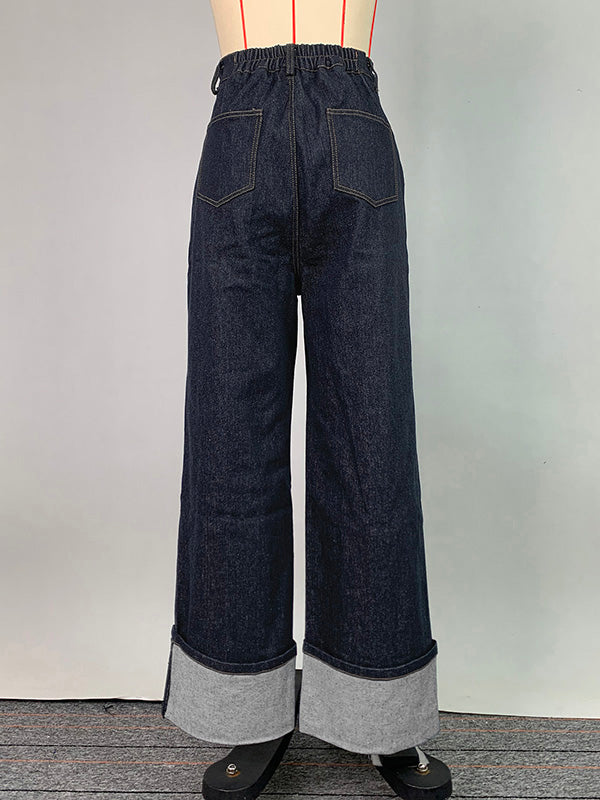 Contrast Color Split-Joint High Waisted Straight Leg Jean Pants Bottoms