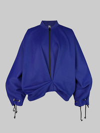 Asymmetric Split-Joint Zipper Loose Puff Sleeves Stand Collar Outerwear