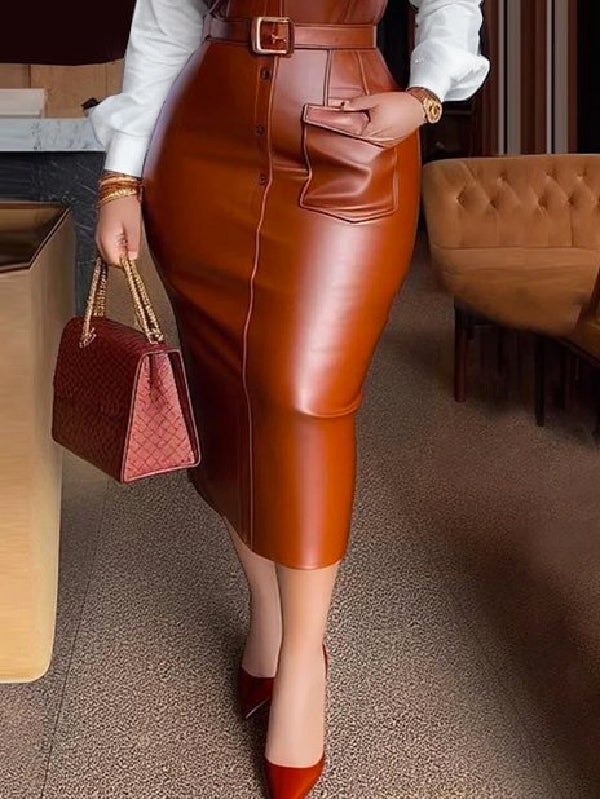 Belted Buttoned Split-Joint Long Sleeves Skinny Lapel Shirt Dress Midi Dresses