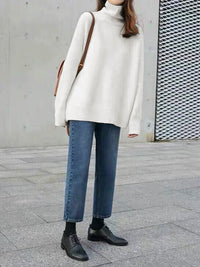 Casual Loose Long Sleeves Solid Color High-Neck Sweater Tops