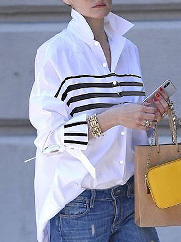 Buttoned Contrast Color Split-Joint Striped Flared Sleeves Long Sleeves Stand Collar Blouses&Shirts Tops