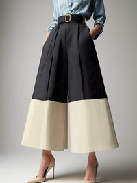 Contrast Color No Belt Pleated Pockets High Waisted Loose Trousers Pants