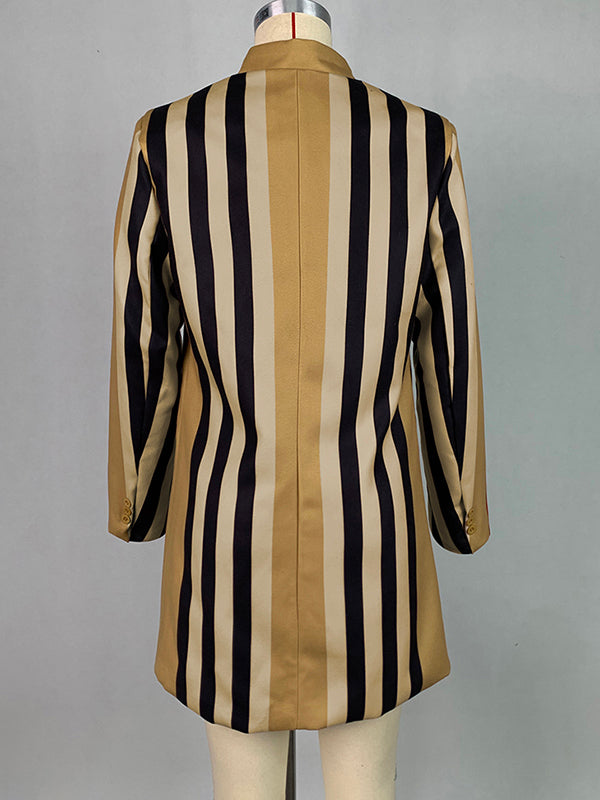 Buttoned Split-Joint Striped Long Sleeves Loose Stand Collar Woolen Coat