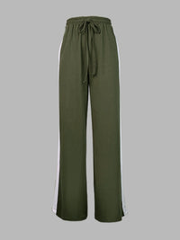 Contrast Color Drawstring Elasticity Split-Joint Loose Wide Leg Trousers Pants