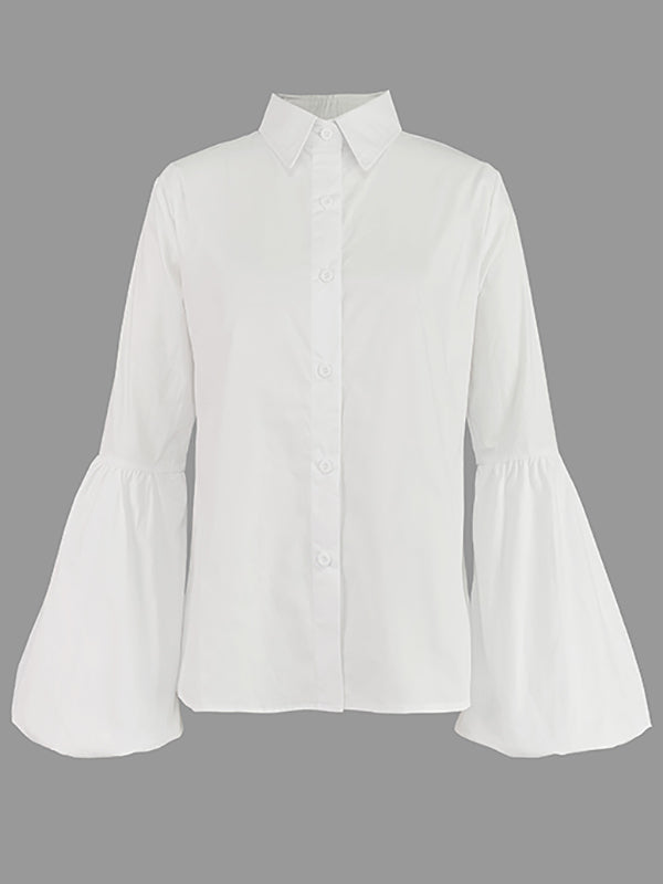 Buttoned Elasticity Solid Color Split-Joint Long Sleeves Loose Stand Collar Blouses&Shirts Tops