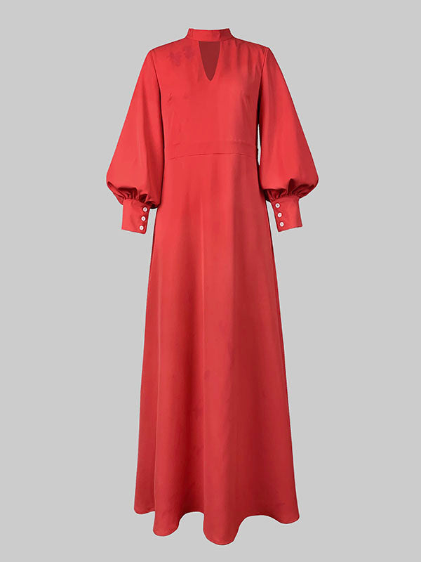 Buttoned Hollow Solid Color Split-Joint Long Sleeves Loose Round-Neck Maxi Dresses