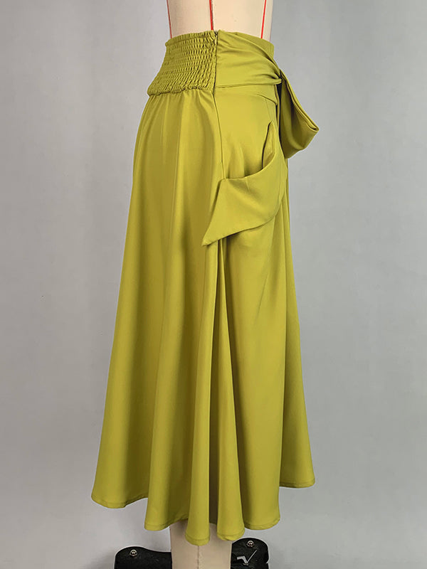 Pockets Solid Color Split-Joint Tied Waist A-Line Loose Skirts Bottoms