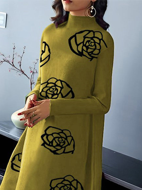 Flower Print A-line Long Sleeves Mock Neck Midi Dresses