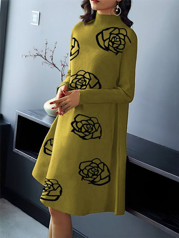 Flower Print A-line Long Sleeves Mock Neck Midi Dresses