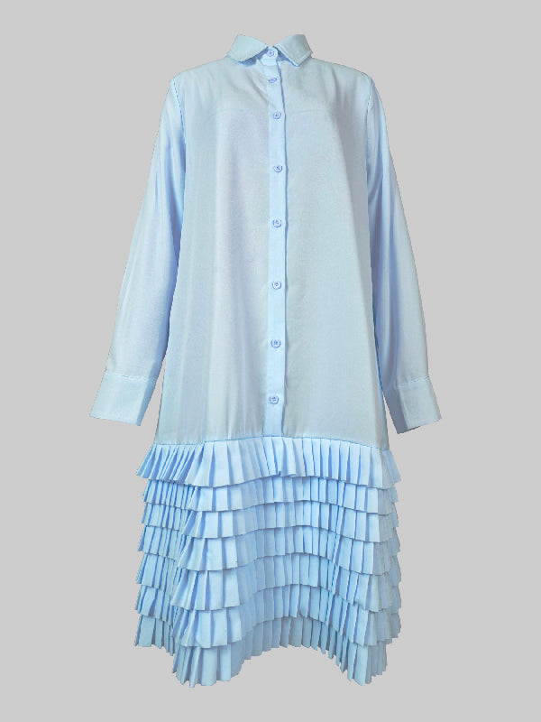 Layered Pleated Pockets Solid Color Split-Joint A-line Long Sleeves Lapel Shirt Dress Midi Dresses