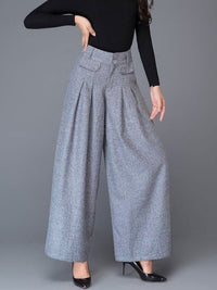 Buttoned No Belt Pleated Pockets Solid Color Split-Joint Loose Wide Leg Trousers Pants