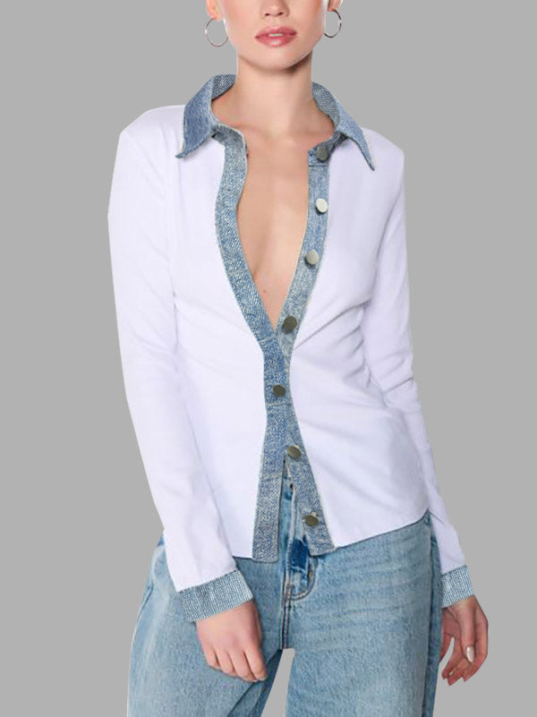 Buttoned Split-Joint Long Sleeves Skinny Lapel Blouses&Shirts Tops