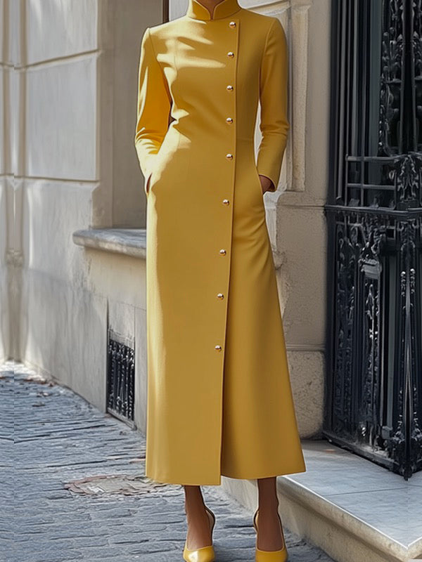 Buttoned Pockets Solid Color Split-Joint Long Sleeves Loose Stand Collar Maxi Dresses