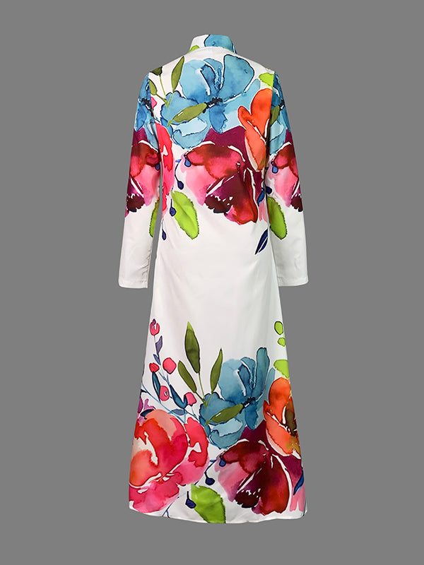 Buttoned Flower Print Long Sleeves Loose Lapel Shirt Dress Maxi Dresses