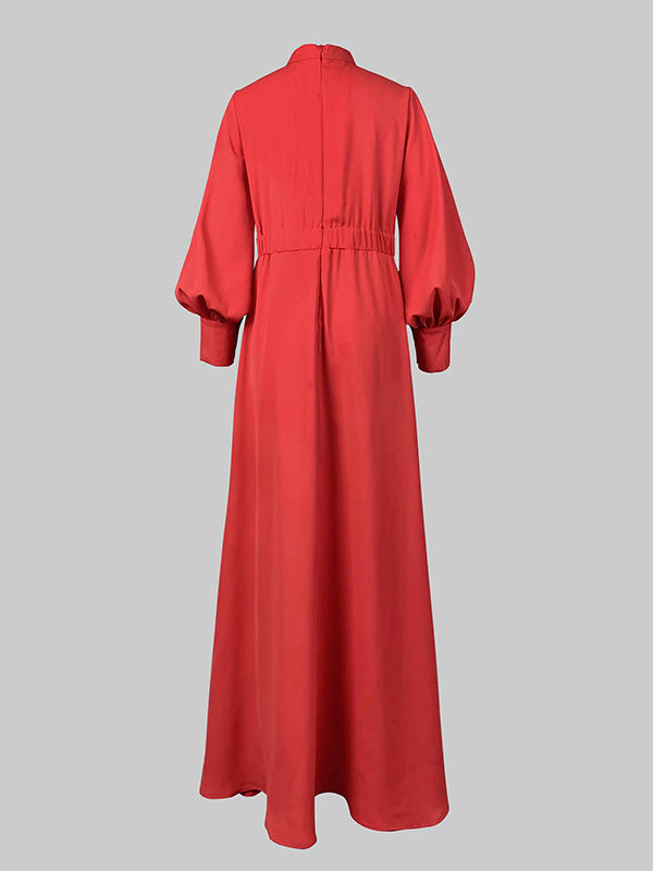 Buttoned Hollow Solid Color Split-Joint Long Sleeves Loose Round-Neck Maxi Dresses