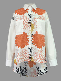 Floral Printed Split-Joint Split-Side High-Low Long Sleeves Lapel Blouses&Shirts Tops