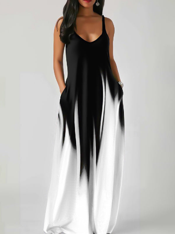 Loose Sleeveless Contrast Color Gradient Spaghetti-Neck Maxi Dresses