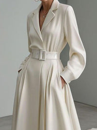 No Belt Solid Color Long Sleeves Loose Notched Collar Maxi Dresses