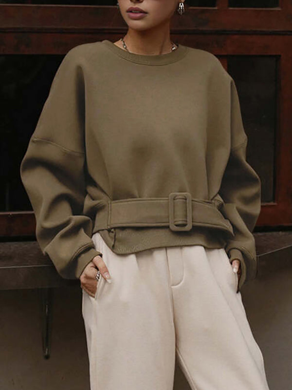 Belt Buckle Solid Color Long Sleeves Loose Round-Neck Sweatshirt Tops