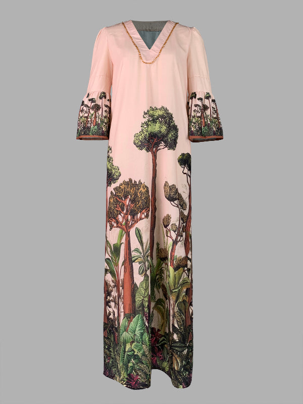 Leaves Print Flared Sleeves Loose V-neck Maxi Dresses