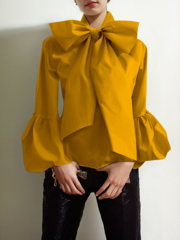 Bowknot Solid Color Split-Joint Loose Puff Sleeves Stand Collar Blouses&Shirts Tops